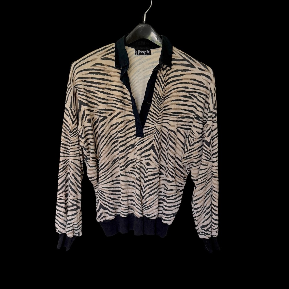 80's Women's Zebra Animal‎ Print Polo Long Sleeve Pullover Top Tan Black